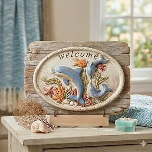 Vintage Style Florida Dolphins Welcome Shell Wall Plaque Coastal Beach Decor